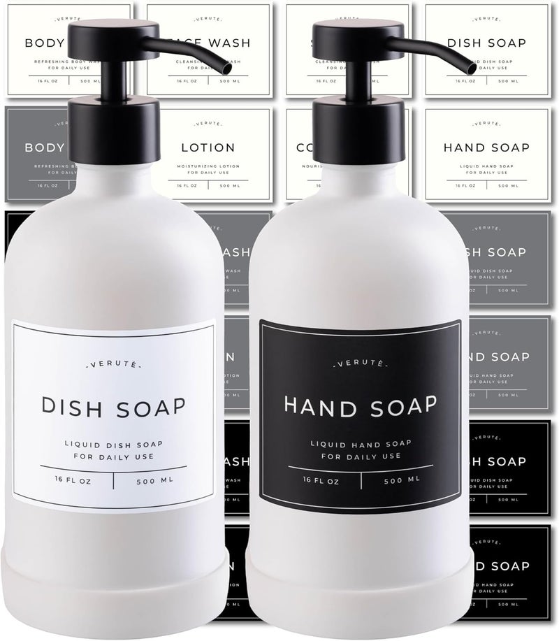 Verute Hand and Dish Soap Dispenser for Kitchen and Bathroom, Set of 2 16 Oz Glass Bottles, Stainless Steel Pumps, Non-Slip Silicone Base, 27 Waterproof Labels (Matte White Bottle/Black Pump) - Image 1